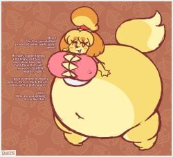 1girls animal_crossing anthro ass_expansion breast_expansion dialogue dog_girl huge_ass hyper hyper_ass hyper_breasts inflation isabelle_(animal_crossing) massive_ass monobutt monobutt_expansion partially_clothed skullgeist solo solo_female solo_focus text