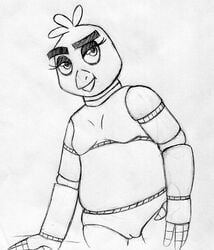 2015 animatronic anthro avian bird black_and_white breasts chica_(fnaf) chicken female five_nights_at_freddy's inkyfrog leaning machine monochrome nipples nude pussy robot simple_background solo sublte_pussy traditional_media_(artwork) video_games white_background