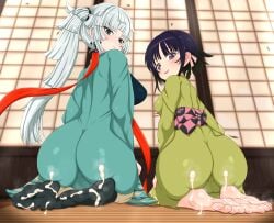 2girls ass azatychan back barefoot black_hair black_kimono black_socks blush braid breasts cameltoe commentary_request cum cum_on_body cum_on_feet earrings fate/samurai_remnant fate_(series) feet green_eyes green_kimono hakama hakama_skirt highres japanese_clothes jewelry kimono long_hair long_sleeves looking_at_viewer looking_back medium_breasts multiple_girls ogasawara_kaya ponytail purple_eyes sash seiza short_hair sidelocks sitting skirt small_breasts smile socks textless_version white_hair white_hakama wide_sleeves yui_shousetsu_(fate)
