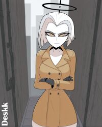 1girls ai_generated artist_name coat coat_only deskk halo hands_crossed hazbin_hotel indoors lute_(hazbin_hotel) prosthetic prosthetic_arm sad serious short_hair sole_female solo solo_focus vivienne_medrano white_hair white_skin yellow_eyes