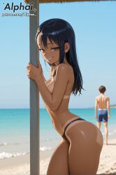 1boy 1girl 2025 2026 4k absurd_res absurdres ai ai-created ai-generated ai_art ai_assisted ai_generated alphai arched_back beach bikini_bottom black_hair blue_sky blushing breasts brown_eyes chest cinematic_lighting close-up colorful_background curvy curvy_ass curvy_body curvy_female curvy_figure curvy_hips dark_skin depth_of_field detailed_hair detailed_skin detailled_background dramatic_shadows eyelashes eyeliner fangs female female_face female_focus flat_chest hayase_nagatoro high_quality high_resolution highres ijiranaide_nagatoro-san legs long_hair nagatoro_hayase narrow_waist naughty_face ocean particles patreon patreon_link patreon_url patreon_username petite_breasts please_don't_bully_me,_nagatoro plump raised_eyebrows seductive_eyes sharp_teeth skinny slender slim_waist small_breasts smirk solo tanned_skin thick_legs thick_thighs thigh_gap thighs thong topless tsurime volumetric_lighting watermark zettai_ryouiki
