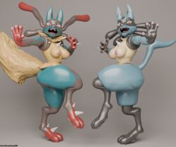 2026 3d_(artwork) 4_fingers anthro ass black_body black_fur blender_(artwork) blue_body blue_fur breasts digital_media_(artwork) duo female fingers fur generation_4_pokemon generation_6_pokemon genitals grey_background grey_body grey_fur heartlessangel3d hi_res looking_at_viewer lucario mega_evolution mega_lucario nintendo nipples open_mouth pawpads pokemon pokemon_(species) raised_leg raised_tail red_body red_fur side_by_side simple_background tail teeth vulva yellow_body yellow_fur
