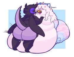 accessory anthro ass backsack balls belly big_belly big_butt black_markings bow_ribbon breasts burger closed_eyes curved_horn dragon duo eyewear female food food_in_mouth fur furred_dragon furred_scalie fuzen_(fuzenevil) genitals glasses hair hair_accessory hair_ribbon hairbow hand_on_breast hazel_(hazlnutt) hi_res horn huge_belly hyper hyper_belly long_ears male male/female markings multicolored_body multicolored_horn mythological_creature mythological_scalie mythology navel_fetish navel_penetration obese overweight penetration pink_body pink_hair porcinecat purple_body purple_horn purple_spikes raised_tail ribbons scalie spiked_tail spikes spikes_(anatomy) striped_markings stripes tail thrust_lines wearing_glasses