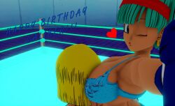 2girls 3d 3d_(artwork) after_fight android_18 blonde_hair blue_boxing_gloves blue_gloves blue_hair boxing boxing_gloves boxing_ring bra bulma_briefs bulma_briefs_(frieza_saga) catfight cleavage defeated defeated_female dragon_ball dragon_ball_z duo english english_text face_in_breasts fight fighting fighting_ring geekboy21 gloves happy_birthday heart indoors kabalmystic_(style) lace lace-trimmed_bra lace_trim lingerie milf milf_vs_milf ryona short_hair text victory wink winking_at_viewer
