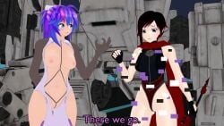 2girls bare_shoulders black_hair black_hair_female blue_eyes breasts fingerless_gloves glitch half-dressed half_naked half_naked_female leotard medium_breasts melody_(projektmelody) nipples no_pants projektmelody purple_hair purple_hair_female red_cape red_hair red_highlights ruby_rose rwby short_hair silver_eyes theblackbirdcalls