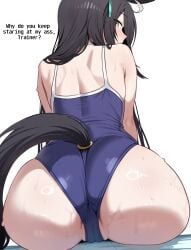 absurdres ahoge alt_girl animal_ears armpit_crease ass ass_focus back big_ass black_hair blue_one-piece_swimsuit caught_staring closed_mouth clothing_cutout commentary dush_1154 english_commentary english_text female from_behind goth goth_girl gothic gothic_girl hair_between_eyes highres horse_ears horse_girl horse_tail huge_ass long_hair looking_at_viewer looking_back manhattan_cafe_(umamusume) occult_female one-piece_swimsuit partially_visible_vulva poolside simple_background skindentation solo swimsuit tail tail_through_clothes text umamusume wet wet_clothes wet_swimsuit white_background yellow_eyes