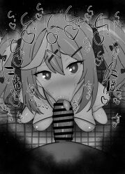 1boy 1girls :>= black_and_white blowjob blue_archive blush breasts censored dark-skinned_male dark_skin detailed_background drooling erect_nipples eyelashes fellatio female heart human indoor inside japanese_text kurotama looking_at_viewer male male_pov multicolored_hair oral oral_sex penis pov rena_(blue_archive) room saliva shiny shiny_skin short_hair sketch small_breasts sound_effects squatting sweat text tied_hair tongue_out twintails