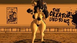 1girls 3d 3d_(artwork) alice_angel angel_girl bendy_and_the_ink_machine big_breasts bikini bikini_bottom bikini_top black_bikini black_boxing_gloves black_gloves black_hair boxing boxing_gloves breasts broken_halo broken_horn bubblegum790 gloves halo horns kabalmystic_(style) large_breasts long_hair solo solo_female solo_focus susie_campbell thick thick_thighs thighs wide_hips
