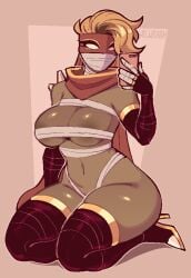 aerolae areola_slip areolae areolae_slip barely_clothed barely_contained barely_contained_breasts body_wraps dark-skinned_futa dark_skin epoch_(welwraith) female_only gloves heels high_heels implied_futa long_gloves mask masked masked_futa scraper_city selfie solo thick_thighs thighhighs thighs welwraith wide_hips wrappings
