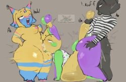 1futa 2boys all_the_way_to_the_base anal_sex balloon balloon_animal belly_bulge black_body black_hair bloated bloated_belly bloated_stomach bloated_tummy blot_(dandy's_world) blue_body blue_hair blue_horn blush blush_lines blushcrunch_studio cone_horns cum_inflation cum_inside cum_visible_through_body cumflated_belly cumflation dandy's_world dandys_world deep_penetration deepthroat dialogue dumping_cum fat_ass femboy futanari gay gay_anal gay_male gay_sex goo_creature grabbing_ass grabbing_tail green_body hi_res highres holding_ears homosexual homosexual_male homosexual_sex hyper hyper_belly ink looey_(dandy's_world) male/male male_penetrated male_penetrating male_penetrating_male moaning moaning_in_pleasure movement_lines multicolored_body multicolored_hair onomatopoeia open_mouth oral_penetration piiure pink_body pink_hair pink_horn plapping plapping_big_butt purple_body roblox roblox_game simple_background slobber slobber_on_penis sludge slurping slurping_cock small_breasts speech spitroast thick_thighs thrusting_into_ass thrusting_into_mouth topwear_only vibrant_colors yatta_(dandy's_world) yellow_body yellow_hair