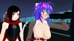 1boy 2girls 3d 3d_(artwork) black_hair black_hair_female blue_eyes breasts censored_penis grimm_(rwby) half-dressed half_naked half_naked_female handjob looking_at_penis melody_(projektmelody) monster monster_boy monster_cock monster_on_female no_pants projektmelody purple_hair purple_hair_female ruby_rose rwby silver_eyes tail theblackbirdcalls