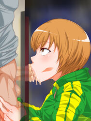 :>= black_eyes blonde_hair blush bottomless censored cum cum_in_mouth fellatio female highres ko1444 long_sleeves looking_at_another mosaic_censoring oral penis persona persona_4 satonaka_chie short_hair solo_focus standing television zipper