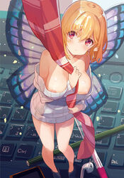 :t areola_slip areolae bare_legs bare_shoulders blush breasts butterfly_wings dengeki_moeou dress female hair_between_eyes highres keyboard large_breasts necktie nipple_slip nipples orange_hair pencil pixie red_eyes ribbed_sweater short_hair solo sweater sweater_dress tetsujin_momoko wings