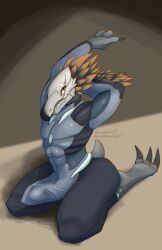 3_fingers 3_toes abs alien anthro arm_feathers arm_tuft athletic athletic_anthro athletic_male avian beak bodysuit bulge claws clothing colored detailed_bulge digitigrade erection erection_under_clothing feather_hair feathered_crest feathers feet finger_claws fingers grey_body halo_(series) head_crest hi_res kig-yar kneeling lewdaesthetics male male_only microsoft muscular muscular_anthro muscular_male pinup pose pseudo_hair pupils scalie sharp_teeth short_tail simple_background skinsuit slit_pupils solo t'vaoan tail teeth tight_clothing toe_claws toes tuft xbox_game_studios yellow_body yellow_eyes yellow_feathers