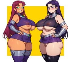 2girls ai_generated alien alien/human alien_girl alien_humanoid angry angry_expression angry_face areola areolae armor armored_female ass bangs belly belly_button big_breasts blackfire blackfire_(teen_titans) blush boots breasts crop_top dc_comics edit edited exposed_breasts exposed_nipples exposed_pussy fat_ass gloves green_eyes hair_behind_ear hairless_armpits hairy_pussy hands_on_hips happy happy_female long_hair massive_ass microskirt natural_breasts nipples_visible_through_clothing only_female orange_body perchance_ai perfect_body purple_eyes purple_hair pussy red_hair sagging_breasts shyguy97 similar_looking sisters smile socks star starfire starfire_(teen_titans) superhero superheroine teen_titans teenage_girl teenager thick_thighs thighs tight_clothing twin_sisters twins white_background yellow_background
