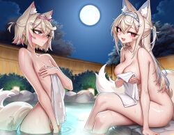 unstableboiler 2girls female female_only light_skin light-skinned_female kemonomimi blonde_hair short_hair long_hair two-tone_hair blue_eyes red_eyes eyelashes long_eyelashes blush embarrassed shy looking_at_another sisters siblings wavy_mouth frown smile open_smile open_mouth fangs looking_at_viewer hairband small_ponytail tied_hair tail bare_shoulders wet wet_skin standing standing_in_water sitting sitting_on_poolside poolside night night_sky moon onsen bathing pond hairclip shoulders_forward hand_on_breasts holding_own_breasts covering_breasts nail_polish small_breasts big_breasts breasts cleavage collarbone crossed_legs legs hips arched_back leaning_forward towel towel_only holding_towel covering_with_towel hand_between_legs highres hololive hololive_english hololive_english_-advent- fuwawa_abyssgard mococo_abyssgard virtual_youtuber breast_size_difference breast_envy