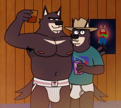 anthro armpit_hair beverage black_body black_fur black_hair black_nose blue_bottomwear blue_clothing blue_pants body_hair bottomwear briefs briefs_only brother_(lore) brothers_(lore) bulge clothed clothing cowboy_hat duo eddicus edgar_(eddicus) facial_hair fur green_clothing green_shirt green_t-shirt green_topwear hair hat headgear headwear hi_res holding_beverage holding_object inside jockstrap jockstrap_only joel_(eddicus) macropod male male_only mammal marsupial monotone_briefs monotone_clothing monotone_underwear moustache muscular muscular_male navel nipples pants pantsless_male poster print_clothing print_shirt print_t-shirt print_topwear purple_drink_can red_clothing red_shirt red_tank_top red_topwear shirt sibling_(lore) t-shirt tan_body tan_fur tank_top tighty_whities topless topwear underwear underwear_only wall_(structure) white_briefs white_clothing white_underwear wood wood_wall