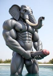 1boy 1male abs ai_generated anthro anthro_only balls ballsack big_balls big_penis elephant elephantid furry furry_only furrypornaddiction grey_body grey_skin holding_penis huge_cock male male_only masturbating masturbation muscular muscular_arms muscular_male navel nipples nostrils outside partially_submerged pecs penile penile_masturbation penis proboscidean proboscis_(anatomy) solo solo_anthro solo_male trunk_(anatomy) tusks water
