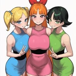 2026 2d 2d_(artwork) 3girls black_hair blonde_hair blossom_(powerpuff_girls) blue_dress blue_eyes breasts breasts_to_breasts bubbles_(powerpuff_girls) buttercup_(powerpuff_girls) cartoon_network digital_drawing_(artwork) digital_media_(artwork) female female_focus female_only fully_clothed green_dress green_eyes kingoart legs_out_of_frame light-skinned_female long_hair looking_at_viewer medium_breasts medium_hair multiple_girls non-web_source orange_hair pink_dress pink_eyes powerpuff_girls red_bow sfw short_skirt simple_background sisters smiling_at_viewer stepkingo superhero superheroine teenage_girl teenager tight_clothing twintails v_sign white_background