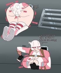anger_vein angry angry_at_viewer ass_expansion ass_focus ass_growth big_ass blush breast_expansion breast_growth breasts_bigger_than_head female female_only gronch0 growth gwendolyn_poole gwenpool gwenpool_(series) hourglass_expansion marvel mask panty_bulge pantylines pussy_bulge simple_background stuck stuck_in_wall superhero_costume superheroine talking_to_viewer text thigh_expansion thigh_growth thighs torn_clothes torn_clothing upset ventilation_shaft