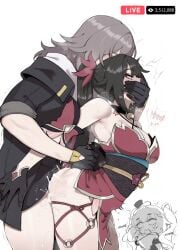 1futa 2d 2d_(artwork) 3girls absurdres backshots bare_shoulders bell black_hair blush blushing breasts chibi choker cleavage collarbone cum cum_in_ass cum_inside dominant dominant_female female female_focus fucking futa_with_female futanari grey_hair hand_on_mouth highres hips hips_wider_than_shoulders holding_her_in_place honkai:_star_rail jacket lesbian lesbian_sex long_hair long_jacket masoq095 medium_breasts she_is_next shirt shocked shocked_expression sideboob silver_hair simple_background sparkle_(honkai:_star_rail) sparxie_(honkai:_star_rail) stelle_(honkai:_star_rail) submissive_female tagme tattoo tattoo_on_chest text thick_thighs thigh_strap thighs twintails watching_them_fuck white_hair yuri