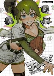 baseball baseball_bat baseball_uniform big_breasts blush ermes_costello foo_fighters green_hair jojo's_bizarre_adventure jolyne_kujo mirashon multiple_girls neg_50asu stone_ocean thighhighs