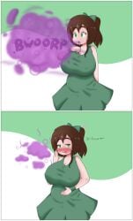 apologizing big_breasts blush breasts brown_hair burp burp_cloud burp_fetish burping burpy_chan chubby chubby_female cute excuse_me female freckles freckles_on_face funlitogc girl green_eyes holding_belly huge_belly huge_breasts huge_burp large_breasts leti looking_pleasured loud_burp nipples_visible_through_clothing overweight