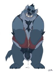 2021 anthro arm_tuft balls belly big_belly big_pubes blue_balls blue_body blue_fur blue_nipples blue_penis bodily_fluids body_hair bottomless chest_hair chocolateandmilk closed_eyes clothed clothing dated ear_piercing ear_ring elbow_tuft front_view fur genital_fluids genital_piercing genitals grin hand_in_pocket hi_res humanoid_genitalia humanoid_penis hyena male male_anthro mammal moobs nipples notched_ear nude obese obese_anthro obese_male overweight overweight_anthro overweight_male penis penis_piercing piercing pockets precum precum_string prince_albert_piercing pubes ring_piercing signature simple_background smile solo standing tuft vein veiny_penis white_background
