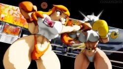 2girls 3d 3d_(artwork) big_breasts boxing boxing_gloves boxing_ring bra breasts catfight chalkfights crossover female_focus female_only fight fighting fighting_ring glitch_productions gloves health_bar health_symbol huge_breasts kabalmystic_(style) large_breasts long_hair mario_(series) mask meggy_spletzer nintendo orange_boxing_gloves orange_gloves orange_hair punch punching punching_face ryona shy_gal shy_gal_white smg4 thick thick_thighs thighs thong wide_hips yellow_boxing_gloves yellow_gloves
