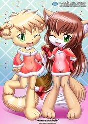 annie_(little_tails) anthro audrey_(little_tails) bbmbbf bow costume diamond_level feline female flat_chested hand_holding little_tails mammal no_underwear one_eye_closed open_mouth palcomix patreon pietros_secret_club pussy santa_costume translucent