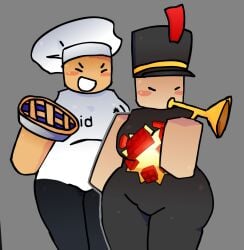 2girls artist_request bald blushing breasts bugle bugle_(die_of_death) chef_hat chubby_female civilian_(die_of_death) clothed clothing die_of_death_(roblox) female female_only fully_clothed laughing marching_band_hat medium_breasts pie pie_(die_of_death) roblox roblox_game robloxian sleeveless thick_thighs thighs