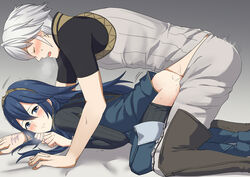 1boy blue_eyes blue_hair blush clothed_sex clothing doggy_style female fire_emblem fire_emblem_awakening from_behind lucina_(fire_emblem) male mejiro nintendo open_mouth penetration robin_(fire_emblem) robin_(fire_emblem)_(male) sex straight thigh_boots thighhighs tiara white_hair