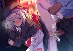 1boy apron black_hat black_pants black_shirt black_shoes blue_shirt blush bow breasts censored cum dress ejaculation female genshin_impact green_eyes grey_hair hairbow hat heavy_breathing kfc lao_meng large_variant_set medium_breasts noelle_(genshin_impact) noelle_(kfc)_(genshin_impact) pants pantyhose penis red_bow sex sex_from_behind shirt shoes short_hair standing standing_sex straight vaginal_penetration variant_set white_pantyhose