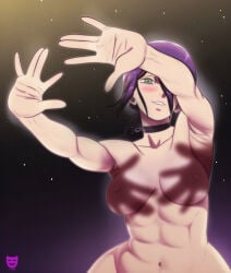 abs breasts chainsaw_man female ghost_nipples green_eyes hair_over_one_eye hands_casting_shadow looking_at_viewer medium_breasts navel nipples nude purple_hair reze_(chainsaw_man) shadow short_hair signature smile toned wide_hips z-art