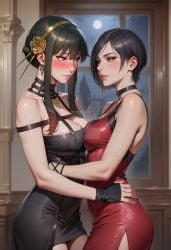 2girls ada_wong ai_generated asymmetrical_docking bare_arms bare_shoulders big_breasts black_choker black_dress black_eyeshadow black_hair blush bopitphy breast_press breasts brown_eyes capcom choker city cityscape couple crossover dress duo eye_contact eyeshadow female/female female_only full_moon grin half-closed_eyes hugging indoors lips lipstick long_hair looking_at_another love makeup medium_breasts moon multiple_females multiple_girls mutual_yuri naughty_face neck necklace night parted_lips pink_lipstick red_dress red_eyes resident_evil resident_evil_4 romantic romantic_couple short_hair sleeveless sleeveless_dress smile spy_x_family standing yor_briar yuri
