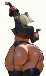 arm_up ass black_legwear blonde_hair bottom_heavy burnice_white fat_ass female female_only from_behind garter_belt hoyoverse huge_ass jacket long_hair pawg simple_background skindentation spiralnoww thick_ass thick_thighs thigh_bulge thighhighs twintails white_background wide_hips zenless_zone_zero