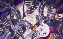 abigail_williams_(fate) abigail_williams_(third_ascension)_(fate) anal anus azatychan bare_shoulders barefoot black_bow black_feet black_hands black_hat black_panties blush bow breasts censored colored_extremities colored_skin commentary_request fate/grand_order fate_(series) feet female footjob forehead handjob hat highres keyhole long_hair navel oral orange_bow panties parted_bangs penis_tentacle pussy red_eyes small_breasts solo sound_effects tentacle third_eye underwear vaginal_penetration white_hair white_skin witch_hat