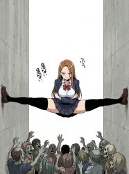 1girls artist_request black_socks blush brown_hair crossed_arms earrings full_body large_breasts long_hair school_uniform shoes skirt smile spread_legs wall zombie
