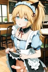 1boy :o ai_generated alternate_costume animal_ears apron blonde_hair blue_eyes blush cafe cat_ears chair clothes_lift dress dress_lift erection femboy genderswap_(ftm) indoors lifted_by_self long_hair looking_at_viewer maid_headdress male open_mouth penis ponytail rule_63 shiina_mayuri short_sleeves solo steins;gate table tehmar testicles trans_woman transfem trap