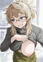 abe_(nikke) ai_generated embarrassed flashing flashing_breasts goddess_of_victory:_nikke knitted_sweater lifting_own_clothes one_breast_out pulling_clothing