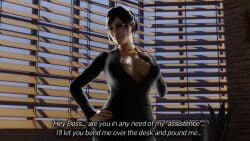 1girl 3d black_hair blinds breasts business_suit detailed_background earrings english_text exposed_breasts glasses gold_necklace hand_on_hip hand_on_own_chest highres large_breasts like_a_dragon looking_at_viewer nipples office office_lady open_clothes open_jacket pinstripe_jacket pinstripe_suit ponytail reina reina_(ryuu_ga_gotoku) ryu_ga_gotoku ryuu_ga_gotoku_1 secretary seductive_smile seductivereina solo text yakuza_(series) yakuza_kiwami