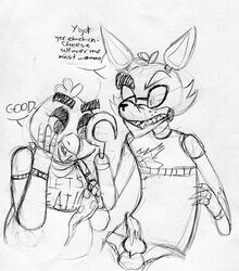 2015 animal_genitalia animal_penis animatronic anthro avian bib bird black_and_white canine canine_penis chica_(fnaf) chicken dialogue duo english_text erection eye_patch eyewear female five_nights_at_freddy's food fox foxy_(fnaf) hook_hand inkyfrog knot machine male mammal monochrome penis pizza robot simple_background text traditional_media_(artwork) video_games white_background