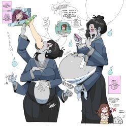 belly_bulge black_hair black_tongue blush brown_hair burp burping dr-worm f/f female_pred female_prey green_socks grey_skinned_female japanese_clothes japanese_female japanese_mythology lewdlemage light-skinned_female oral_vore red_eyes sleeping_prey soft_vore spider spider_girl swallowing throat_bulge vore vore_belly youkai