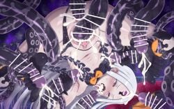 abigail_williams_(fate) abigail_williams_(third_ascension)_(fate) anal anus azatychan bare_shoulders barefoot black_bow black_feet black_hands black_hat black_panties blush bow breasts censored colored_extremities colored_skin commentary_request cum cum_in_ass cum_in_pussy ejaculation fate/grand_order fate_(series) feet female footjob forehead handjob hat highres keyhole long_hair navel open_mouth orange_bow panties parted_bangs penis_tentacle pussy red_eyes rolling_eyes sharp_teeth small_breasts solo teeth tentacle textless_version third_eye tongue tongue_out underwear vaginal_penetration white_hair white_skin witch_hat