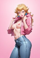 1girls ai_generated areolae big_breasts blonde_female blonde_hair breasts breasts_out casual_clothes casual_exposure female female_only flashing flashing_breasts happy happy_female looking_at_viewer mario_(series) nipples open_clothes open_jacket princess_peach royalty simple_background smile solo solo_female tagme