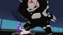 1girls 1monster dodging grimm_(rwby) half-dressed half_naked half_naked_female height_difference melody_(projektmelody) monster ponytail projektmelody purple_hair purple_hair_female rwby size_difference skin_tight skintight_bodysuit tail theblackbirdcalls ursa_(rwby)