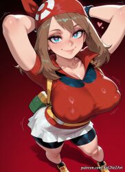 2026 ai_generated anime arms_behind_head arms_up bandana bike_shorts black_socks blue_eyes breasts brown_hair cleavage closed_mouth collarbone covered_nipples crossover eye_contact fanny_pack female female_focus female_only from_above gloves handwear heart heart-shaped_pupils highres huge_breasts large_breasts looking_at_viewer may_(pokemon) neutral_expression nintendo nsfw patreon patreon_username pokemon red_background red_bandana red_shirt rognezart shirt short_sleeves shorts skirt smile smiling solo standing symbol-shaped_pupils white_skirt