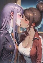 2girls ai_generated arm_at_side arms_at_sides asahi asahina_aoi bangs big_breasts blunt_bangs blush bopitphy breasts brown_hair city cityscape cleavage closed_eyes collarbone collared_shirt couple danganronpa danganronpa_1 dark-skinned_female dark_skin deviantart_link deviantart_logo deviantart_username duo eyebrows_visible_through_hair female/female female_only hair_up indoors interracial interracial_couple interracial_yuri jacket kirigiri_kyouko kissing lavender_hair leather leather_jacket long_hair long_sleeves love multiple_females multiple_girls mutual_yuri neck necktie night obnoxious_watermark open_clothes open_jacket purple_jacket red_jacket shirt short_hair sidelocks small_breasts straight_hair swept_bangs tank_top teenage_girl teenager tied_hair watermark web_address white_shirt white_tank_top window yuri zipper