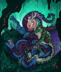 3_penises 4_fingers 4_toes 5_heads absurd_res animal_genitalia bioluminescence blue_body blue_membrane blue_scales bodily_fluids brown_body brown_scales cave cave_background cheek_frill claws cum cum_in_mouth cum_inside cunnilingus detailed_background dragon duo ejaculation european_mythology fangs feet female feral fin fingers firael foot_lick forked_tongue frill_(anatomy) genital_fluids genital_slit genitals glowing glowing_body glowing_eyes greek_mythology green_glow green_stripes hands-free head_fin hi_res horn hydra licking male male/female membrane_(anatomy) multi_genitalia multi_head multi_penis mythological_creature mythological_scalie mythology nature nature_background neck_frill open_mouth oral oral_orgasm orgasm penis pink_penis purple_vulva quadruped red_body red_eyes red_glow red_stripes saliva saliva_on_pawpads saliva_on_penis saliva_on_tongue saliva_on_vulva scales scalie sex siatrax spines stripes tail teeth toes tongue tongue_out vaginal_penetration voxatal vulva wet yellow_eyes