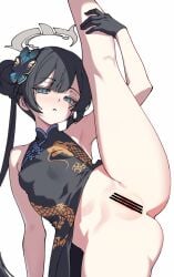 area69 ass bar_censor bare_shoulders black_dress black_gloves black_hair blue_archive blue_eyes blush breasts butterfly_hair_ornament censored china_dress chinese_clothes commentary_request dragon_print dress female gloves hair_bun hair_ornament halo highres kisaki_(blue_archive) long_hair looking_at_viewer pussy simple_background sleeveless sleeveless_dress small_breasts solo split standing standing_on_one_leg standing_split twintails white_background